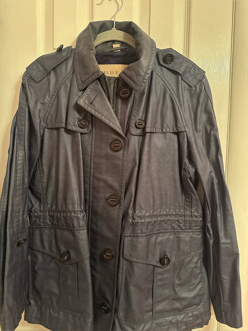 Burberry Brit Blue waxed cotton short trench coat  Size Medium Smoke Free Home